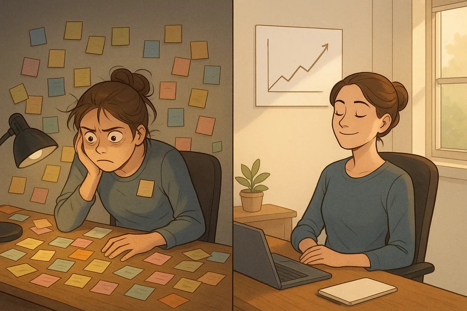Woman transforms from overwhelmed at cluttered desk with sticky notes to calm and focused with one clear goal on a clean whiteboard