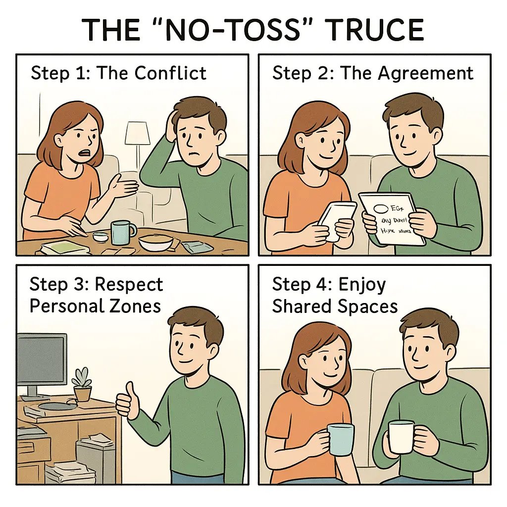 A four-panel comic strip showing a couple moving from clutter conflict to peaceful agreement through personal zones and shared space standards.