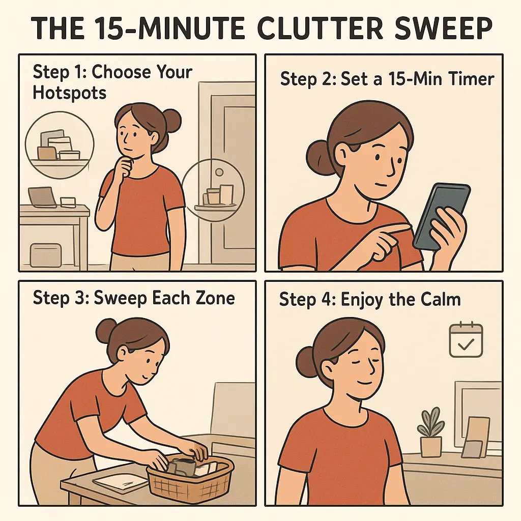 Four-panel comic showing a woman doing a weekly 15-minute clutter sweep through her home's hotspots
