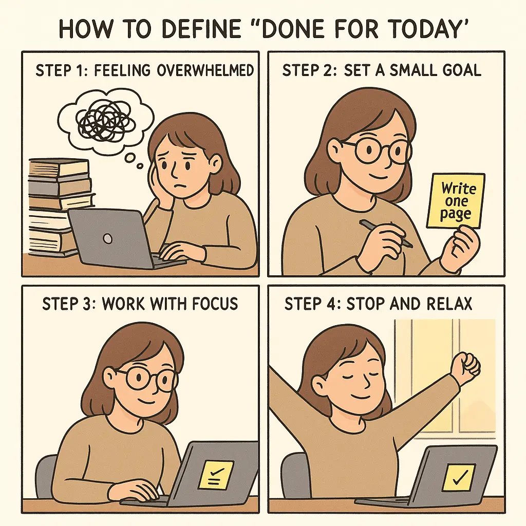Four-panel comic showing a student setting clear daily goals, working with focus, and finishing satisfied instead of endlessly tweaking.