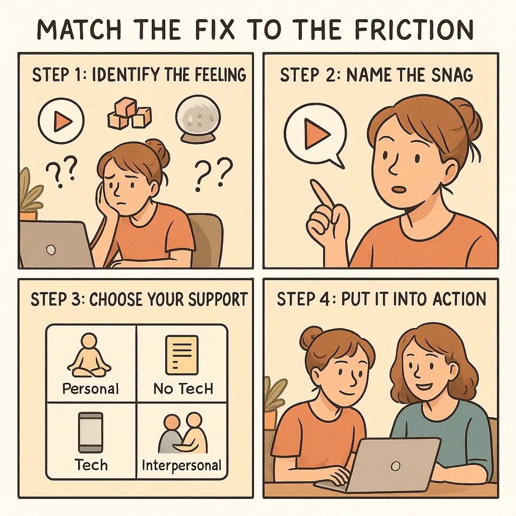 Four-panel comic showing a woman identifying her challenge, choosing interpersonal support, and working collaboratively with a friend