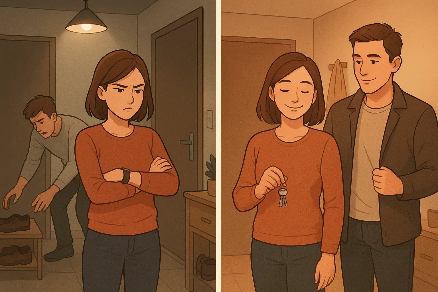 Split illustration showing a woman's transformation from frustrated waiting to calm cooperation with her partner, ready to leave together peacefully.