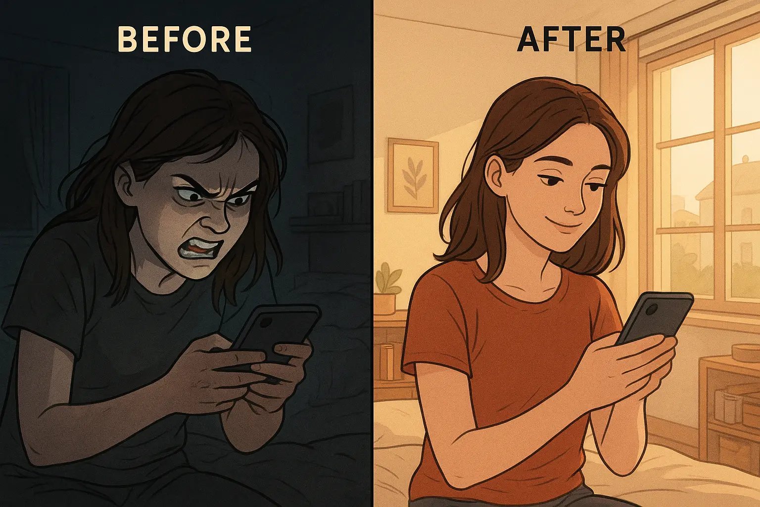 Woman transforming from angry late-night texting to calm morning message review, showing emotional regulation