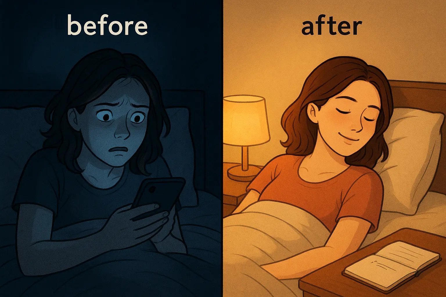 Before-and-after split image showing a woman transitioning from stressed late-night phone scrolling to peaceful sleep with a notebook on her nightstand.