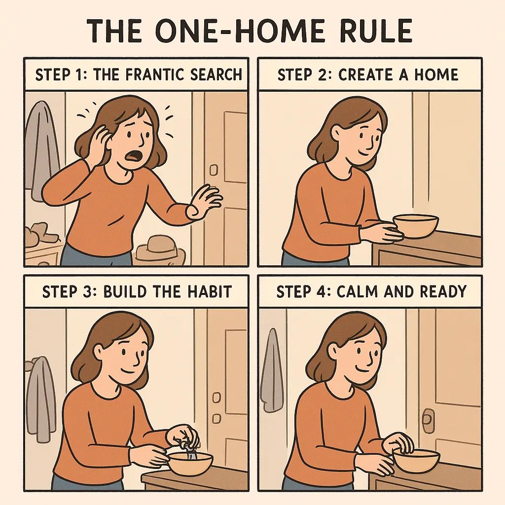 A four-panel comic showing a woman's journey from frantically searching for keys to calmly leaving home after adopting the One-Home Rule.
