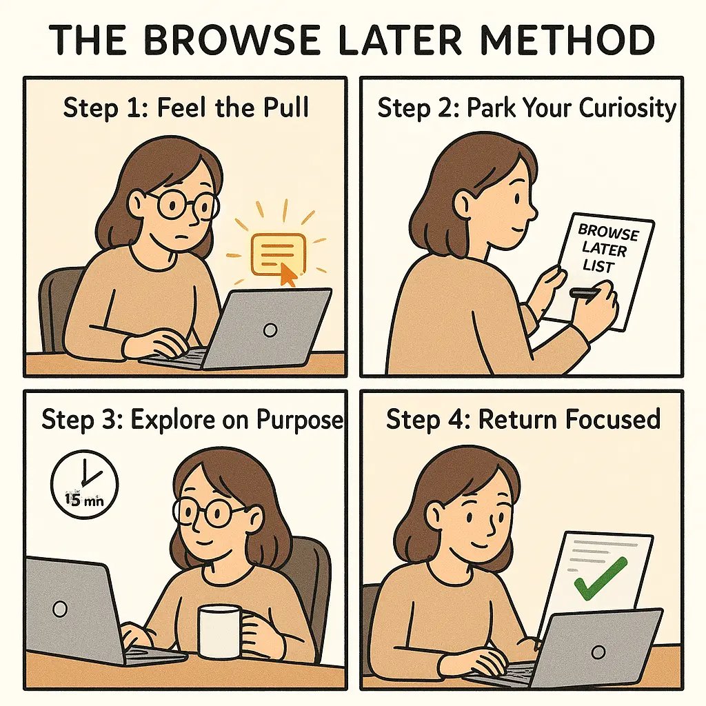 Four-panel comic showing a woman using the Browse Later method to manage distractions and maintain focus at work