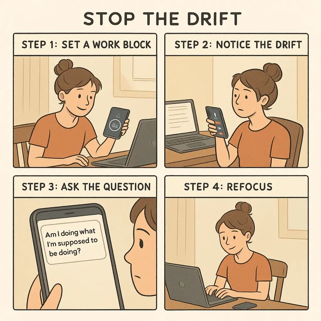 Four-panel comic showing a woman setting a timer, getting distracted by her phone, receiving a reminder asking if she's on task, then successfully refocusing on her work