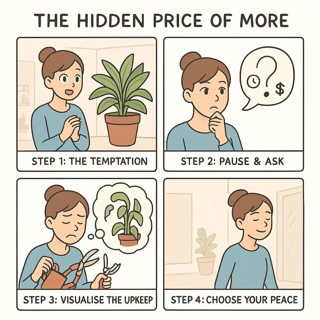 Four-panel comic showing woman thoughtfully deciding not to buy a high-maintenance plant after visualising future care burden