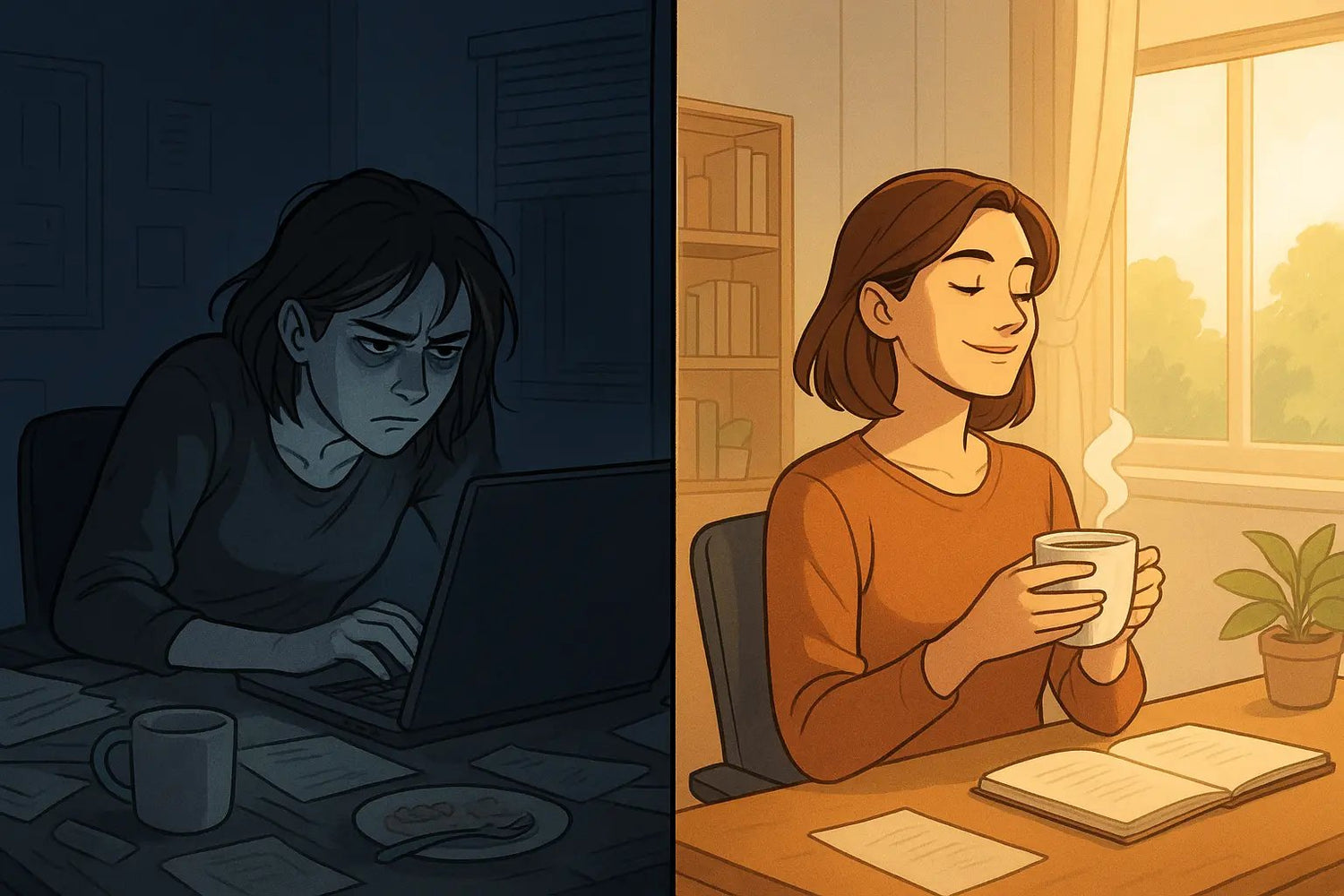 Split panel showing woman's transformation from stressed at messy desk at night to calm with tea in bright, tidy office during day