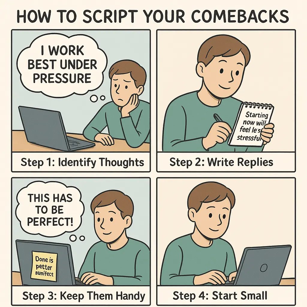 A four-panel comic strip showing a young adult overcoming procrastination by identifying delay thoughts, writing balanced replies, keeping them visible, and starting a small task.