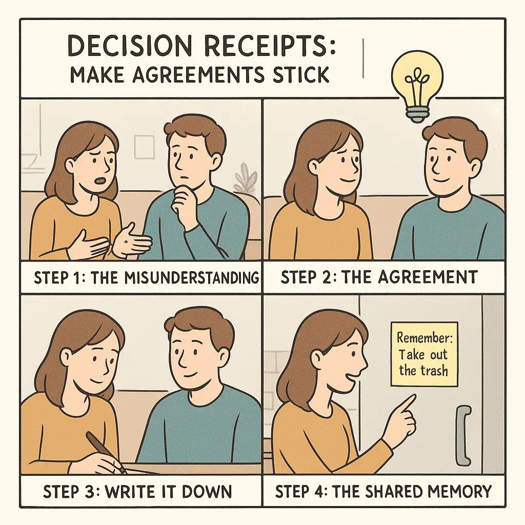 Comic strip showing couple creating decision receipts to remember agreements and stay connected