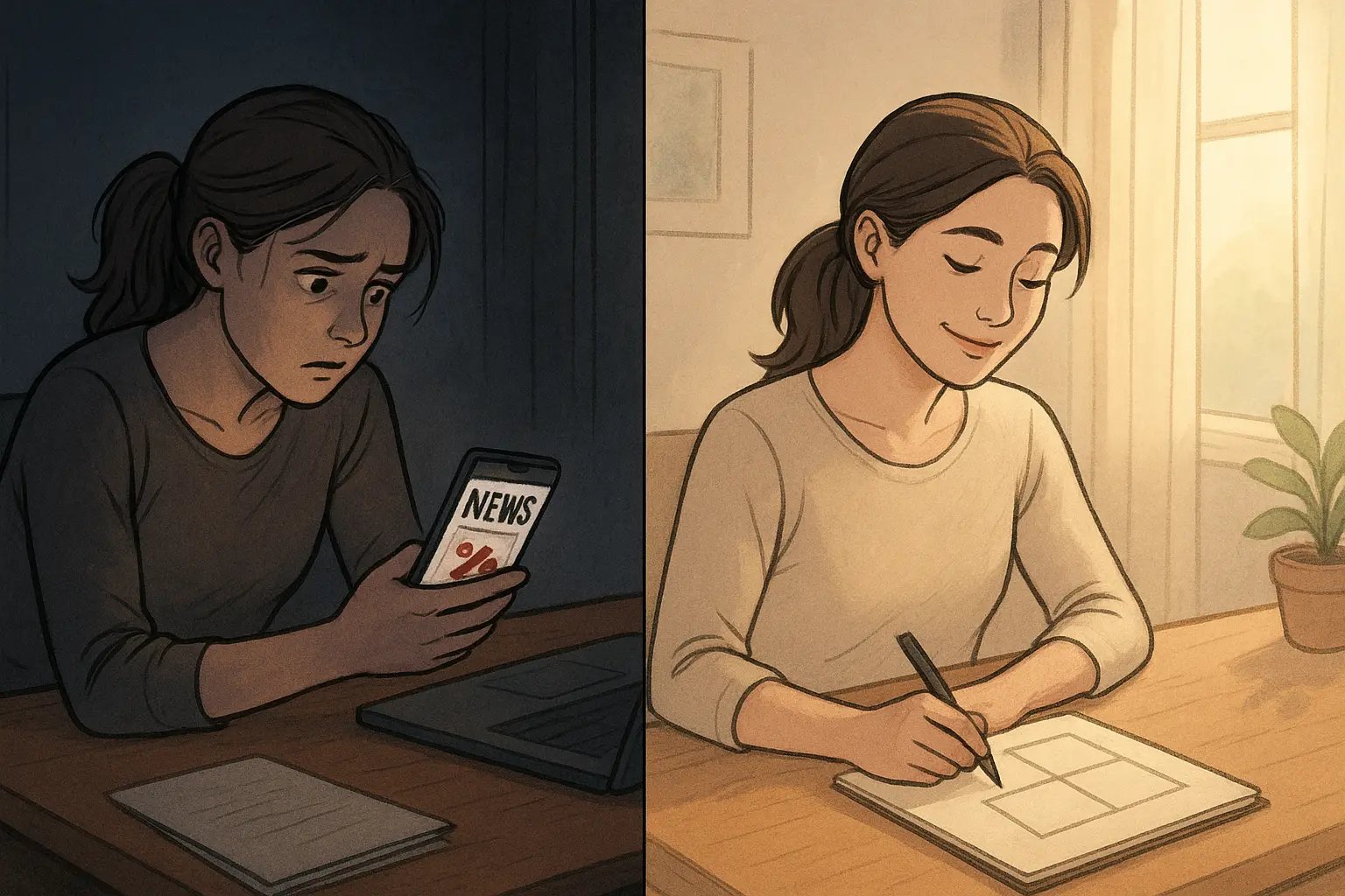 Woman transforms from worried over phone statistics to calm confidence using a four-box grid on notepad in bright morning light.