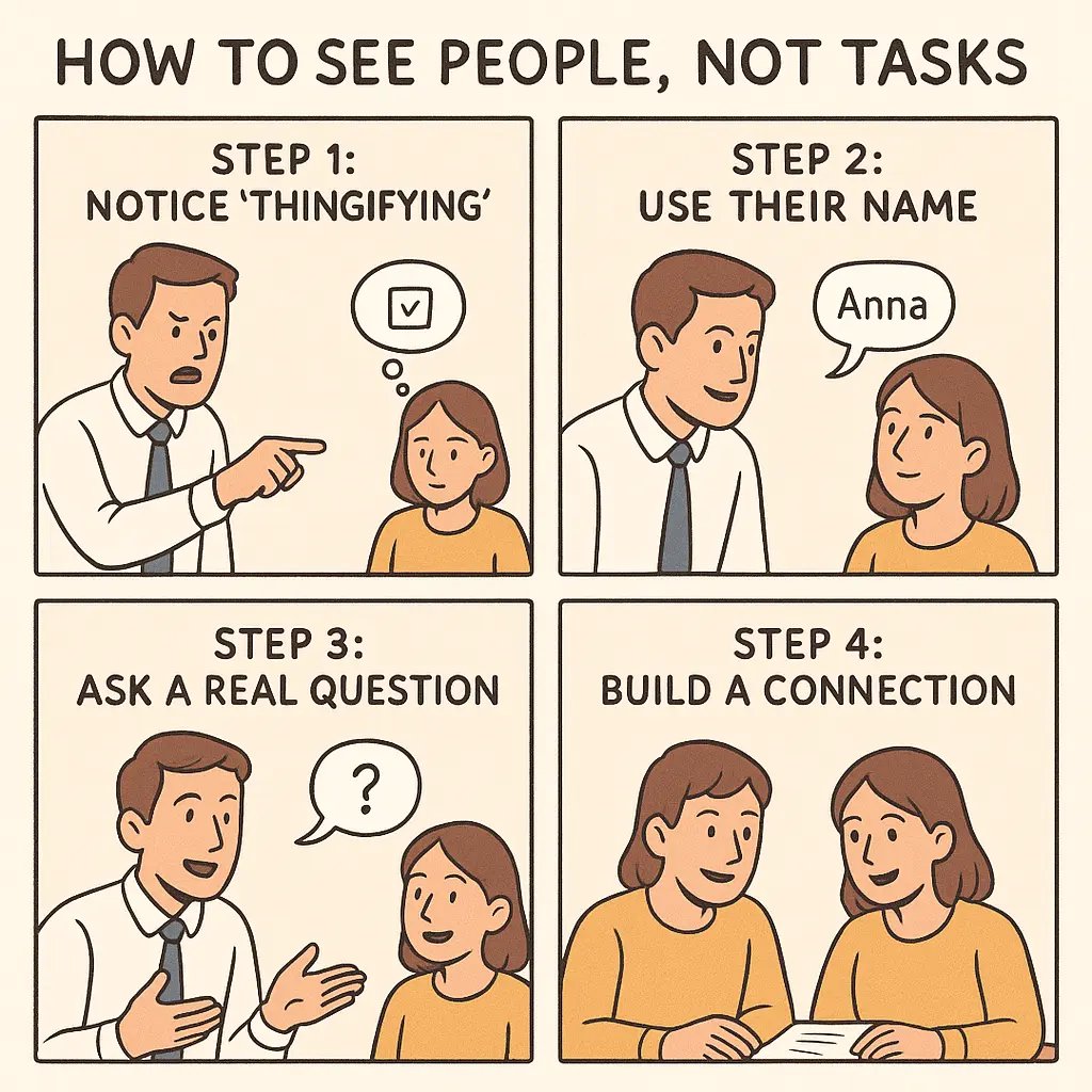 A four-panel comic strip illustrating the steps to stop treating people like tasks, progressing from impersonal interaction to warm collaboration at work.