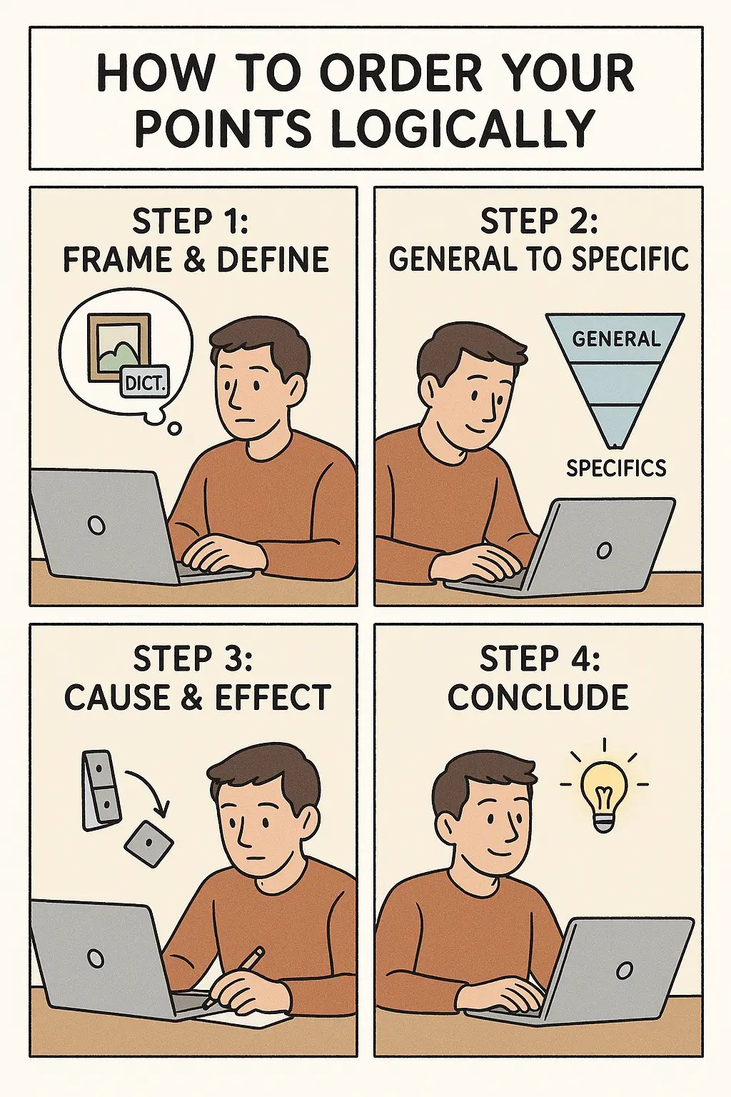 Student at desk following a 4-step visual guide showing how to frame, organise from general to specific, link causes to effects, and conclude arguments logically