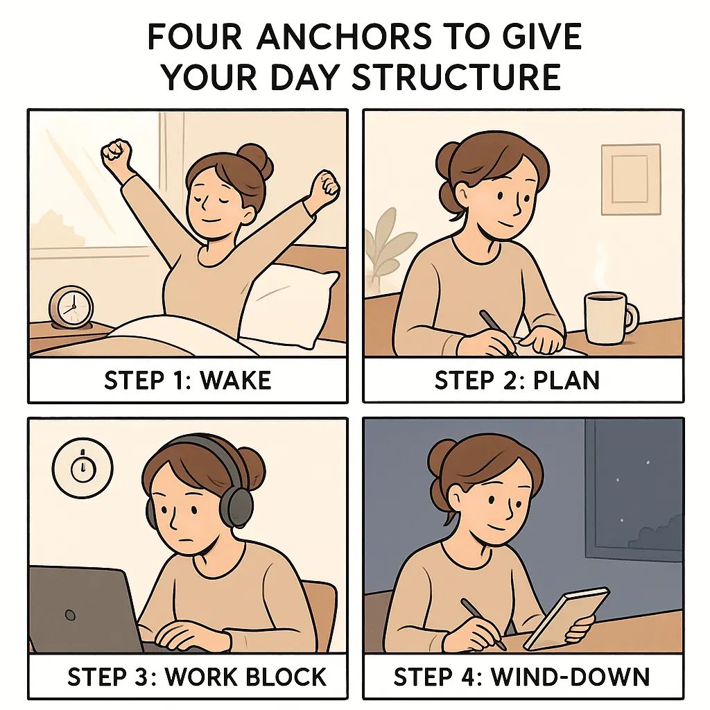 Four-panel comic showing a woman following daily anchors: waking up, planning with coffee, working with headphones, and winding down with her planner.
