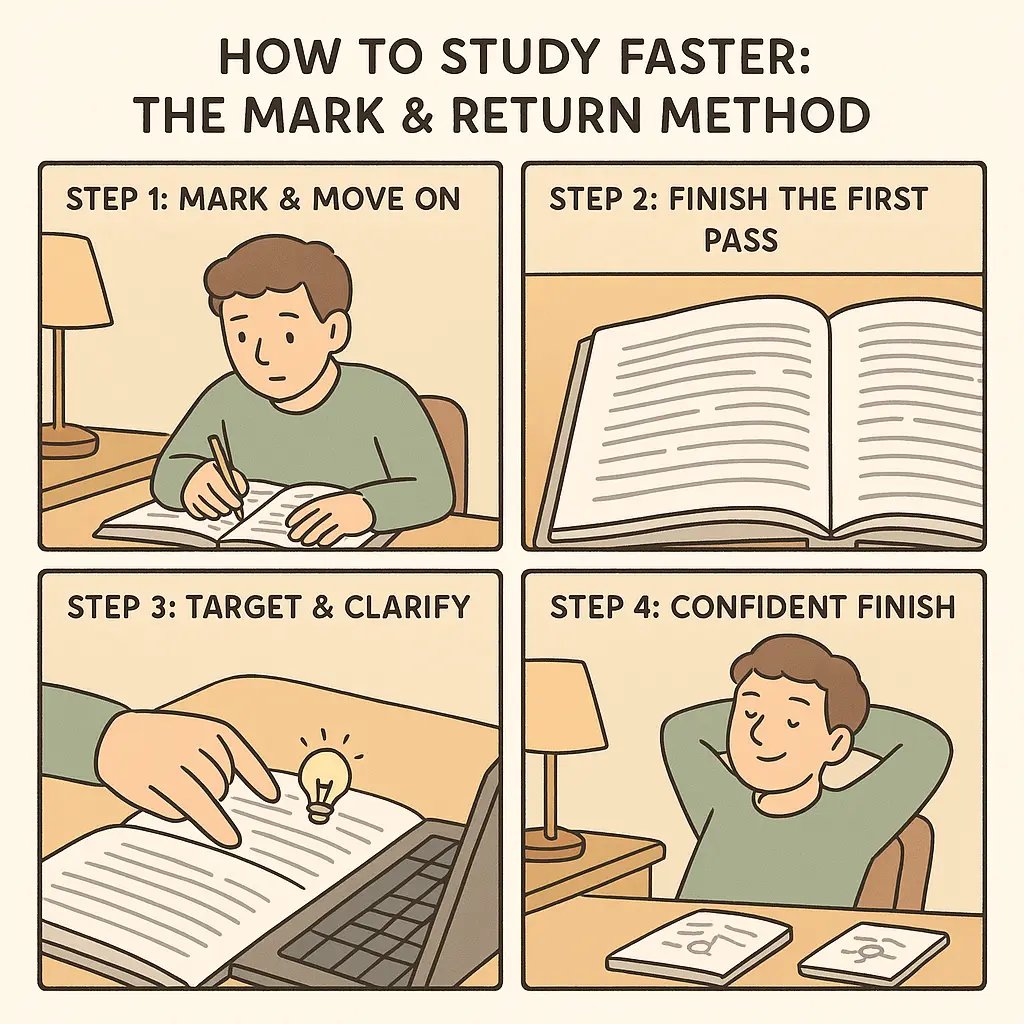 A student reading at a desk, marking a textbook with a pencil whilst maintaining forward momentum through the page.