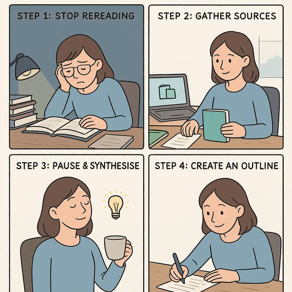 Four-panel comic showing a student's transformation from frustrated late-night rereading to calm, confident studying with organised sources and a clear outline