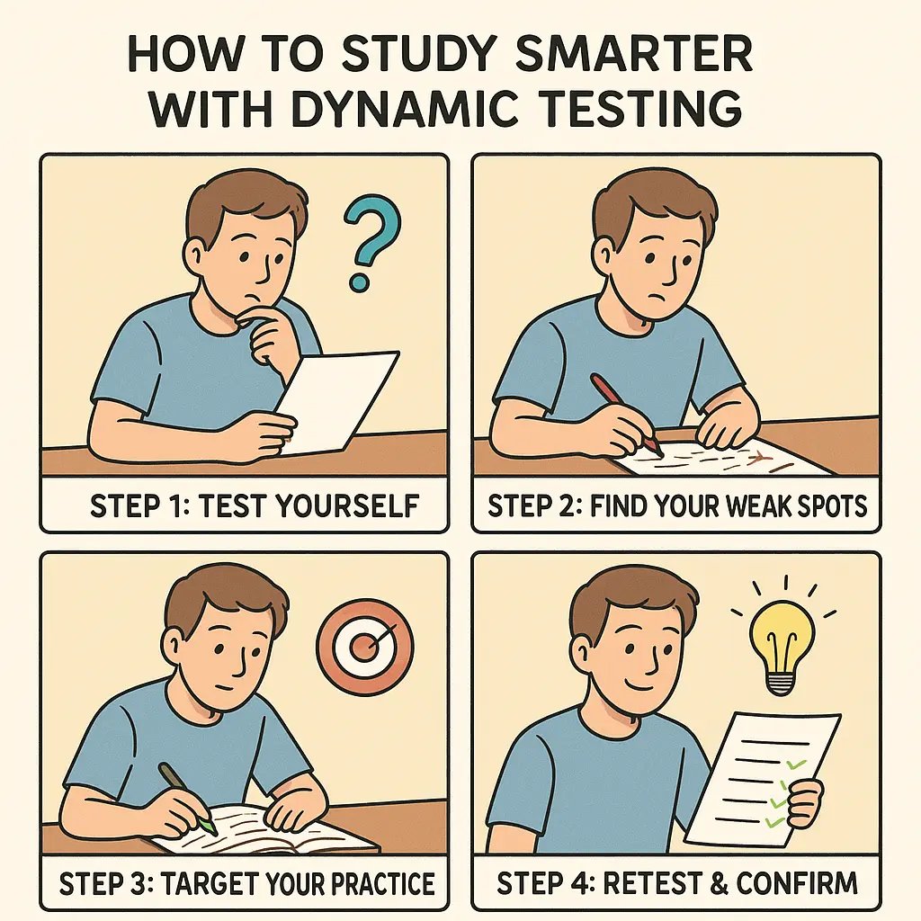 Four-panel comic showing a student progressing through test, identify mistakes, targeted study, and successful retest stages