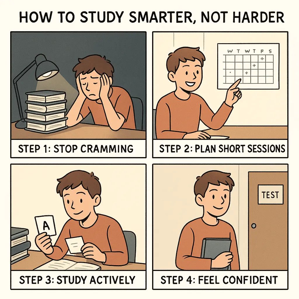 A four-panel comic showing a student's journey from stressed cramming to confident test-taking through short, organised study sessions