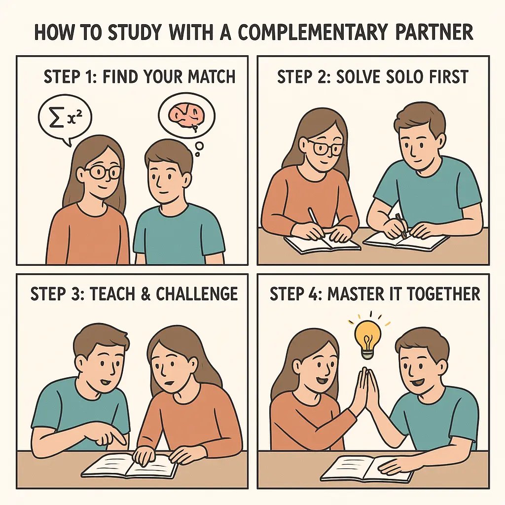 Four-panel comic showing two students with different strengths studying together, teaching each other, and succeeding as a team.