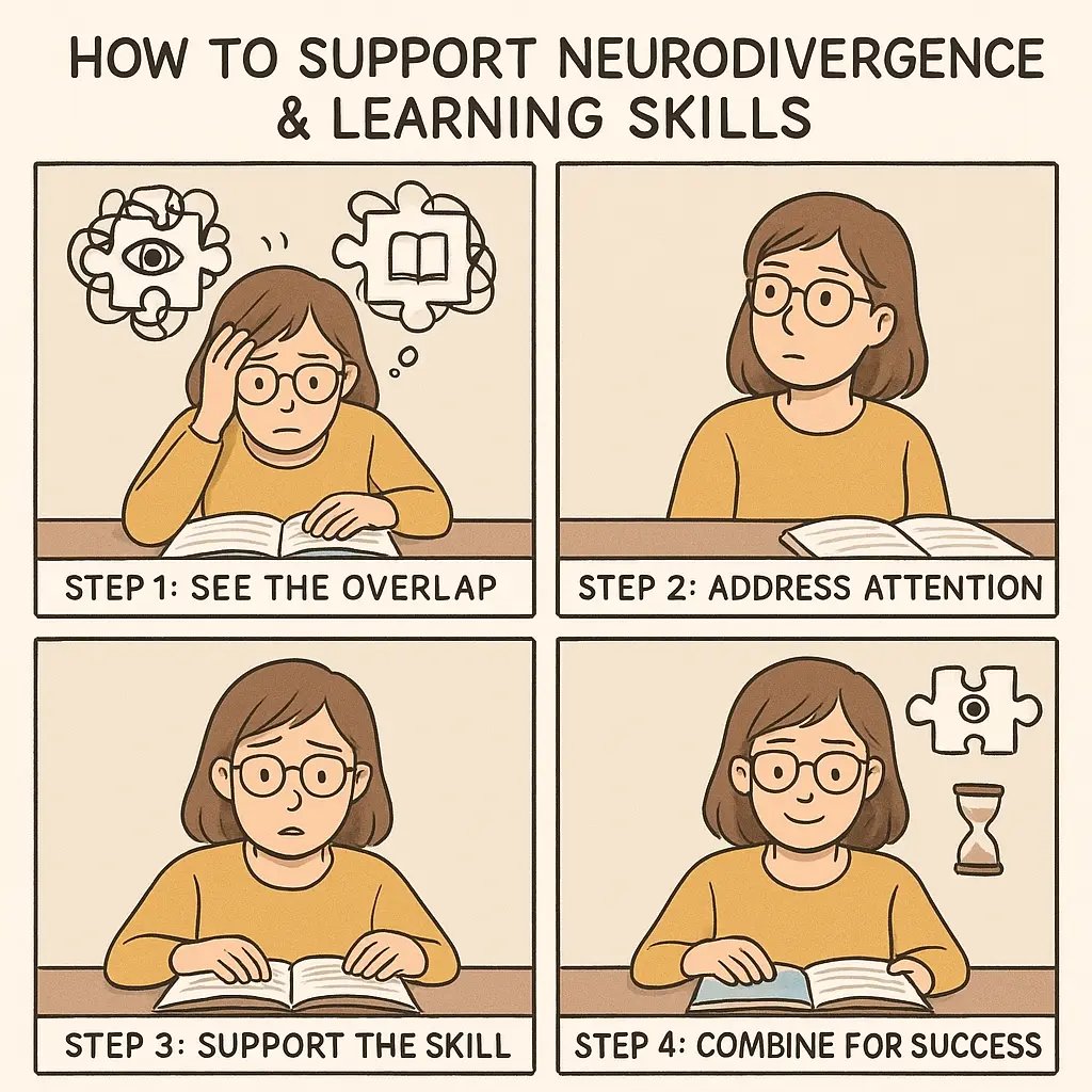 Four-panel comic showing woman progressing from overwhelmed reading to calm, focused learning with attention and skill support tools