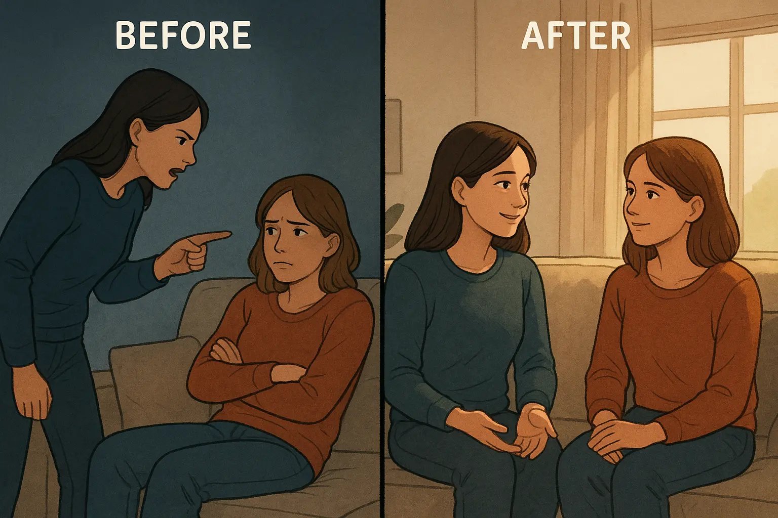 Two women sitting together on a sofa in warm light, demonstrating supportive conversation and gentle emotional connection.