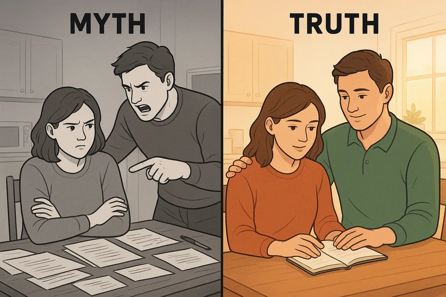 A couple sitting together at a kitchen table, collaboratively reviewing a shared notebook with warm, supportive expressions and natural lighting.