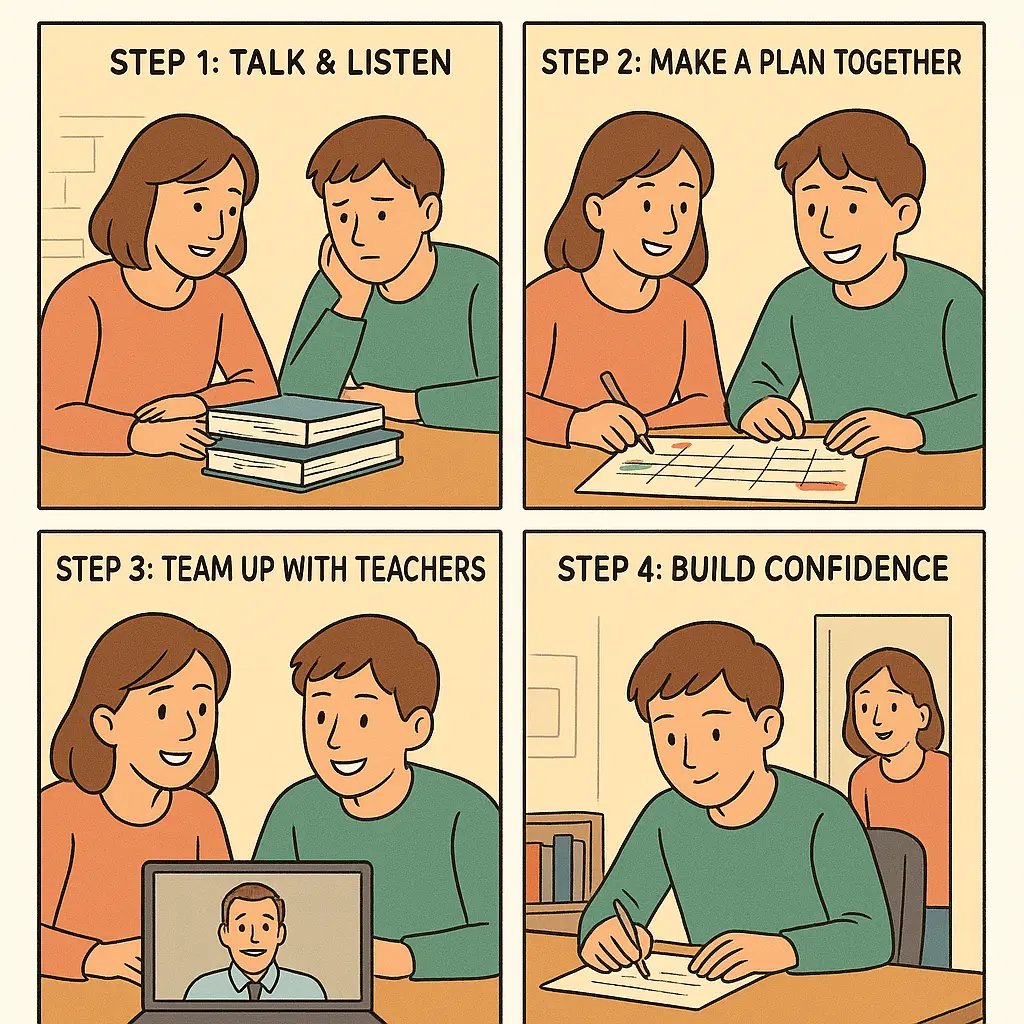 A mother and university-age son collaborating at a kitchen table, surrounded by textbooks and a weekly planner, representing supportive parent-student partnership.