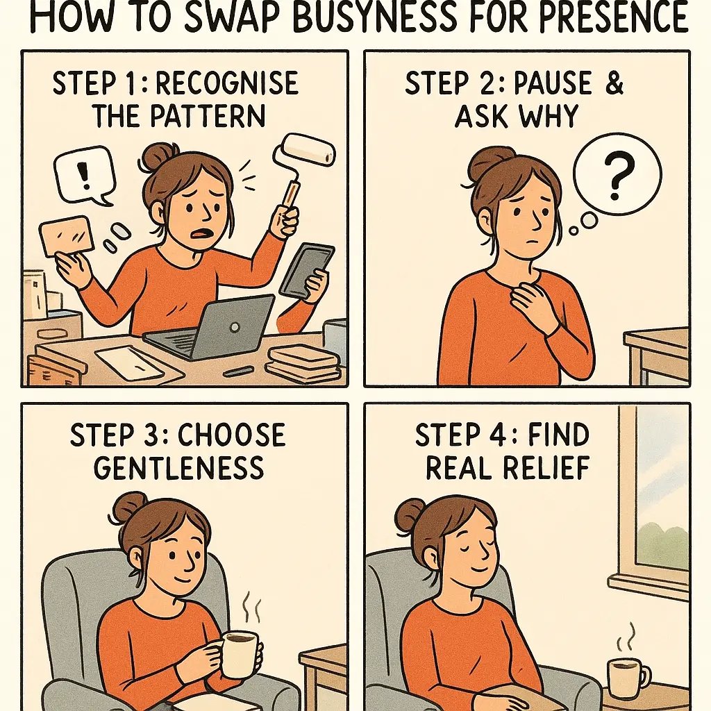 Four-panel comic showing a woman's transformation from chaos to calm by swapping busyness for presence and gentle choices.