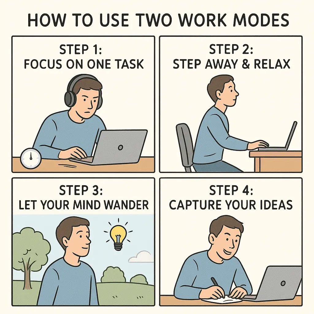 Four-panel comic showing a person switching between focused desk work and relaxed outdoor walks to spark creative ideas and capture insights.