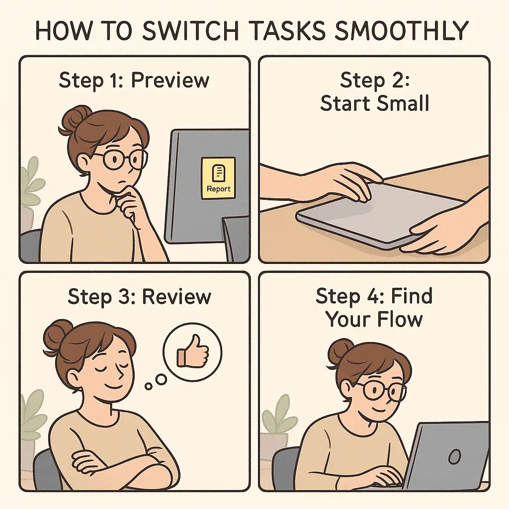 Woman at desk calmly transitioning between tasks using preview, small action, and review steps in a bright, organised workspace.