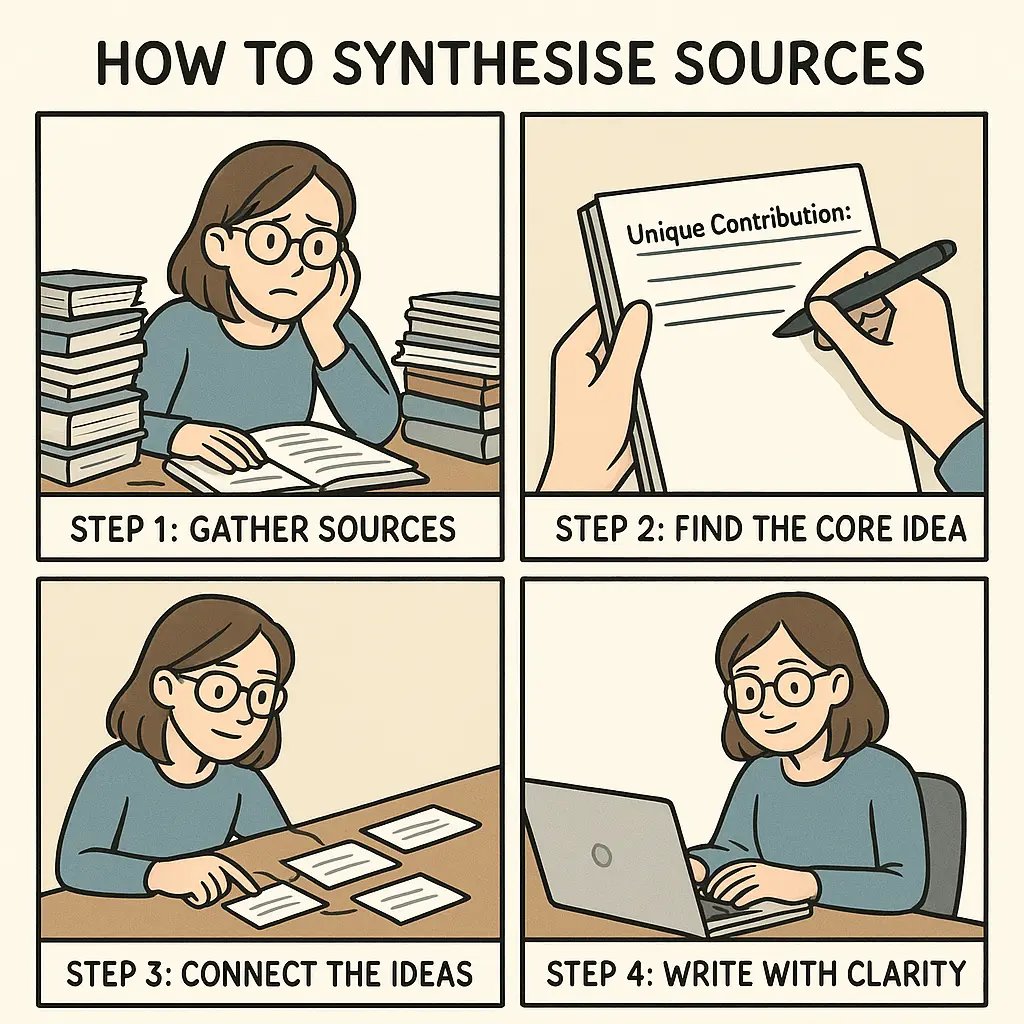 A four-panel comic showing a student's journey from research overwhelm to confident essay writing through systematic source synthesis