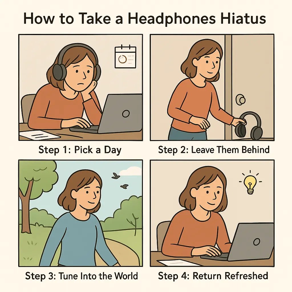 Young woman taking a peaceful headphones break, walking through nature and returning to work feeling refreshed and focused