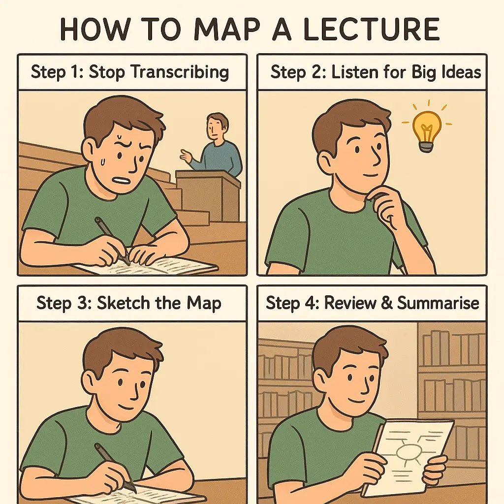 A four-panel comic showing a university student learning to create effective mind map notes, progressing from stressed transcription to calm, organised note-taking.