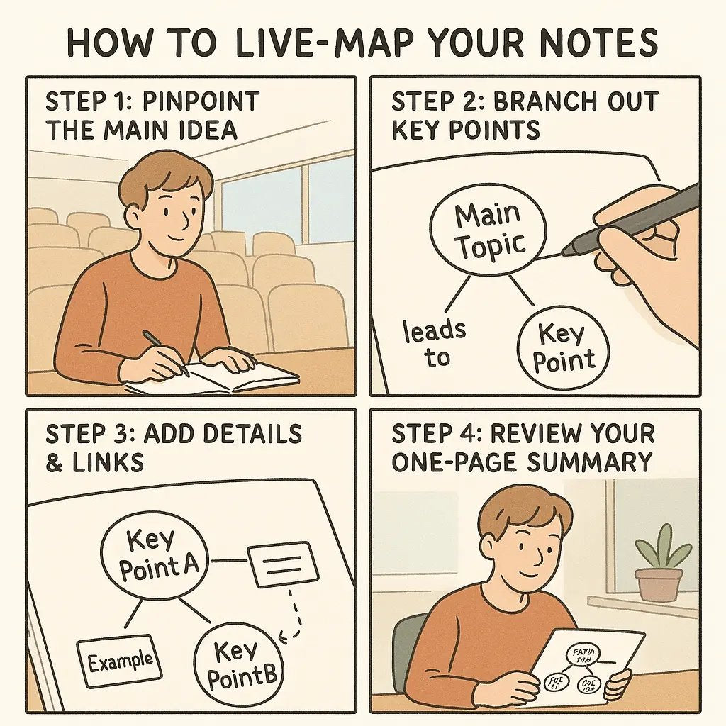 Four-panel illustration showing a student creating a concept map during a lecture, demonstrating the step-by-step visual note-taking method