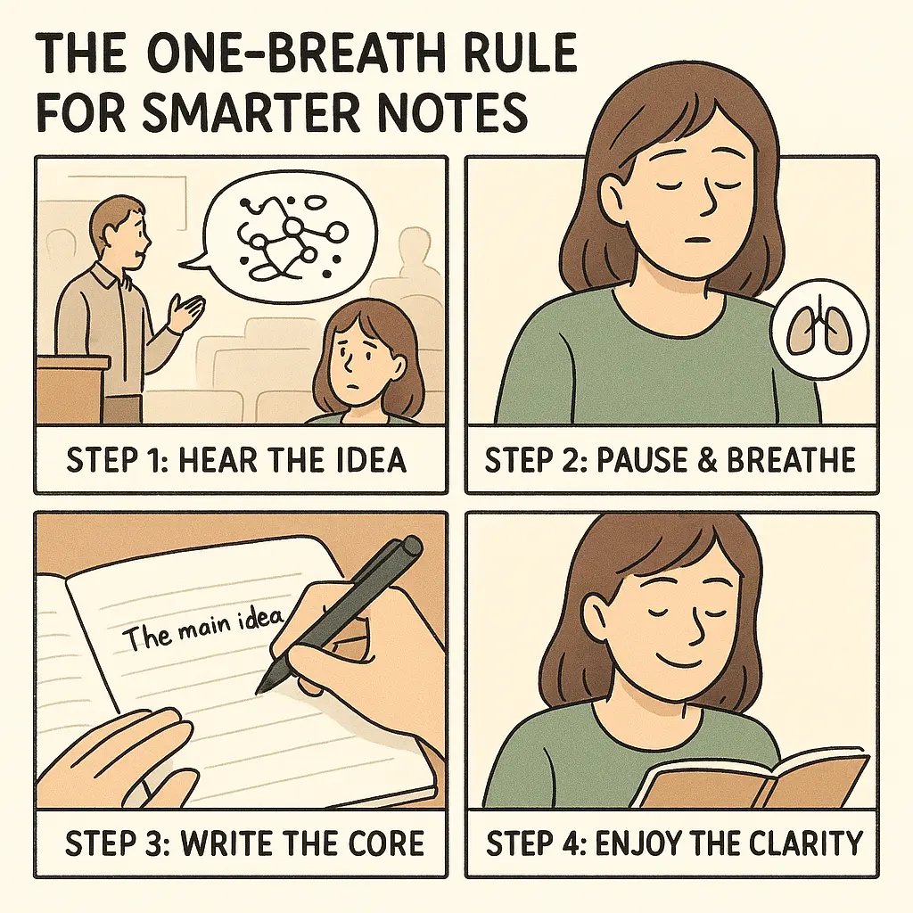Four-panel comic showing a woman using the one-breath rule: listening, pausing to breathe, writing concise notes, and enjoying clear organised summaries