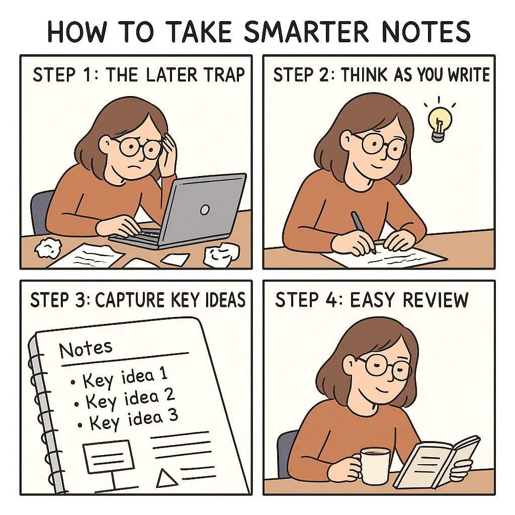 Four-panel comic showing a woman transforming from stressed by messy notes to confidently reviewing clear, organised notes with tea.