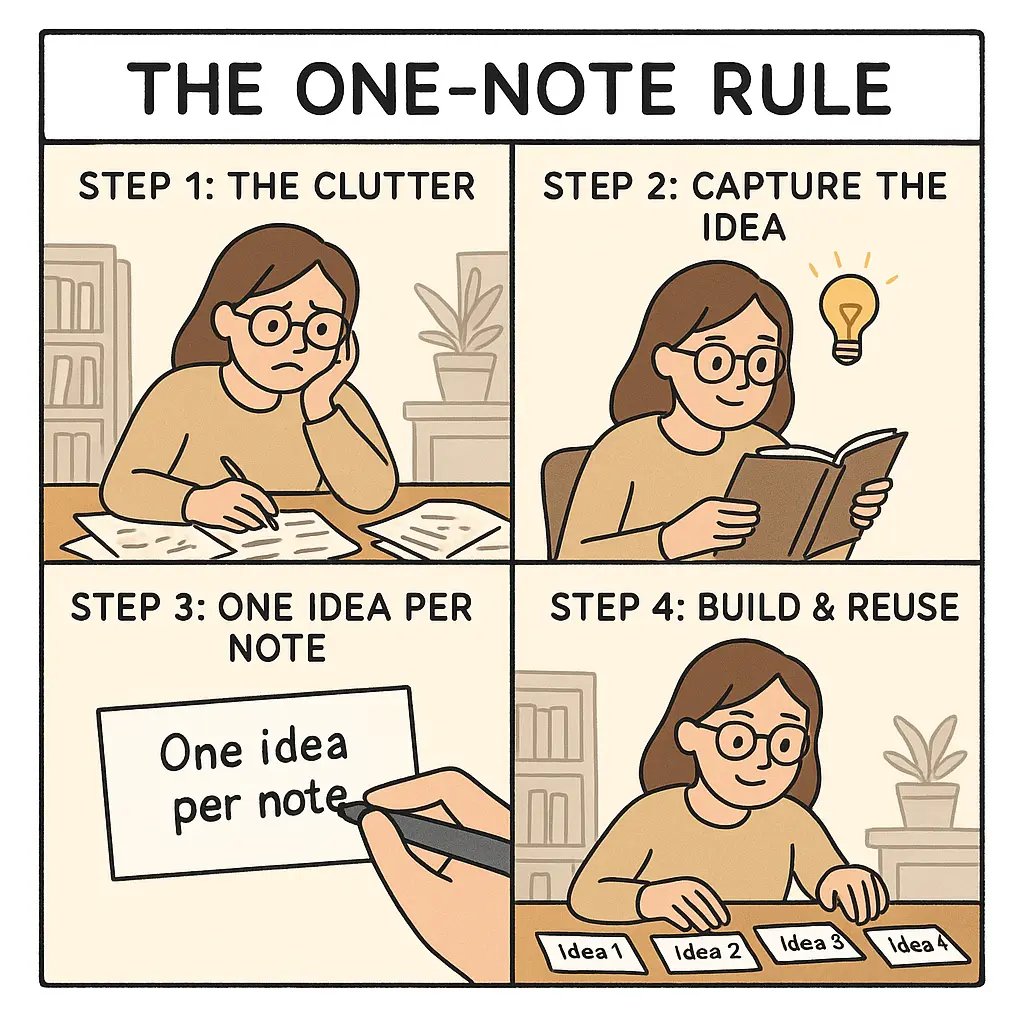 A student confidently arranging neat index cards on a desk, each card containing a single clear idea, building the structure of a new essay