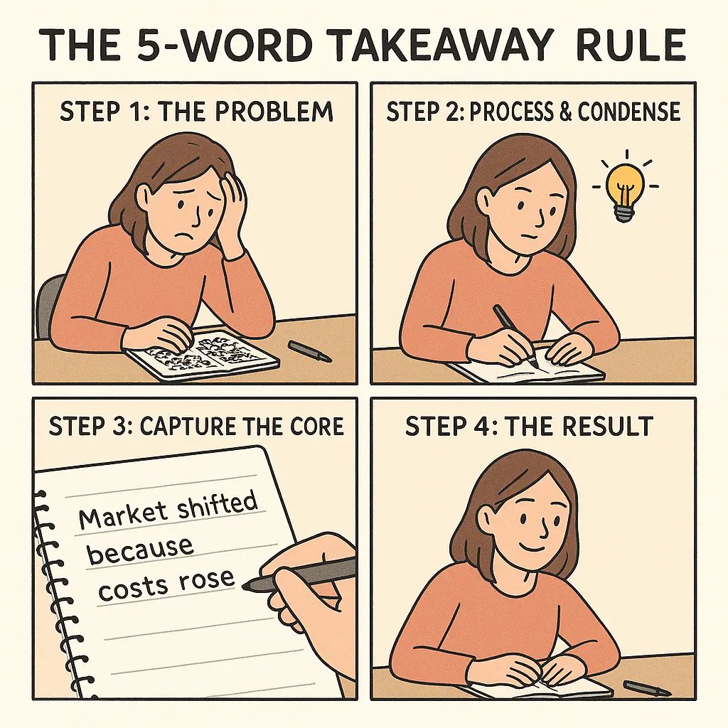 Comic strip showing a woman transforming messy notes into organised five-word summaries, illustrating the five-word takeaway rule.