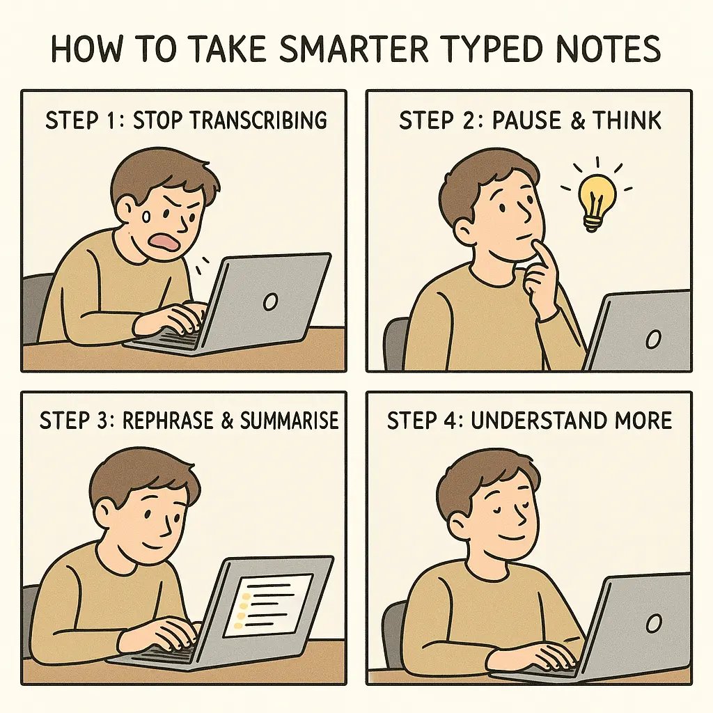 Four-panel comic showing progression from stressed typing to confident, organised note-taking with clear bullet points and understanding