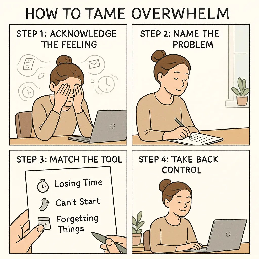 Four-panel comic showing a young woman transforming from overwhelmed to calm by identifying struggles, matching tools like timers and planners, and regaining control.