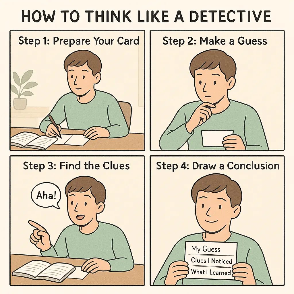 A student using a three-box notecard method to analyse a book, progressing from making a guess to finding clues and reaching a clear conclusion.