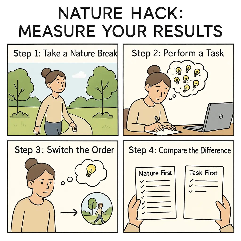Four-panel comic showing a woman testing nature's cognitive benefits by alternating task and break order to compare measurable results.