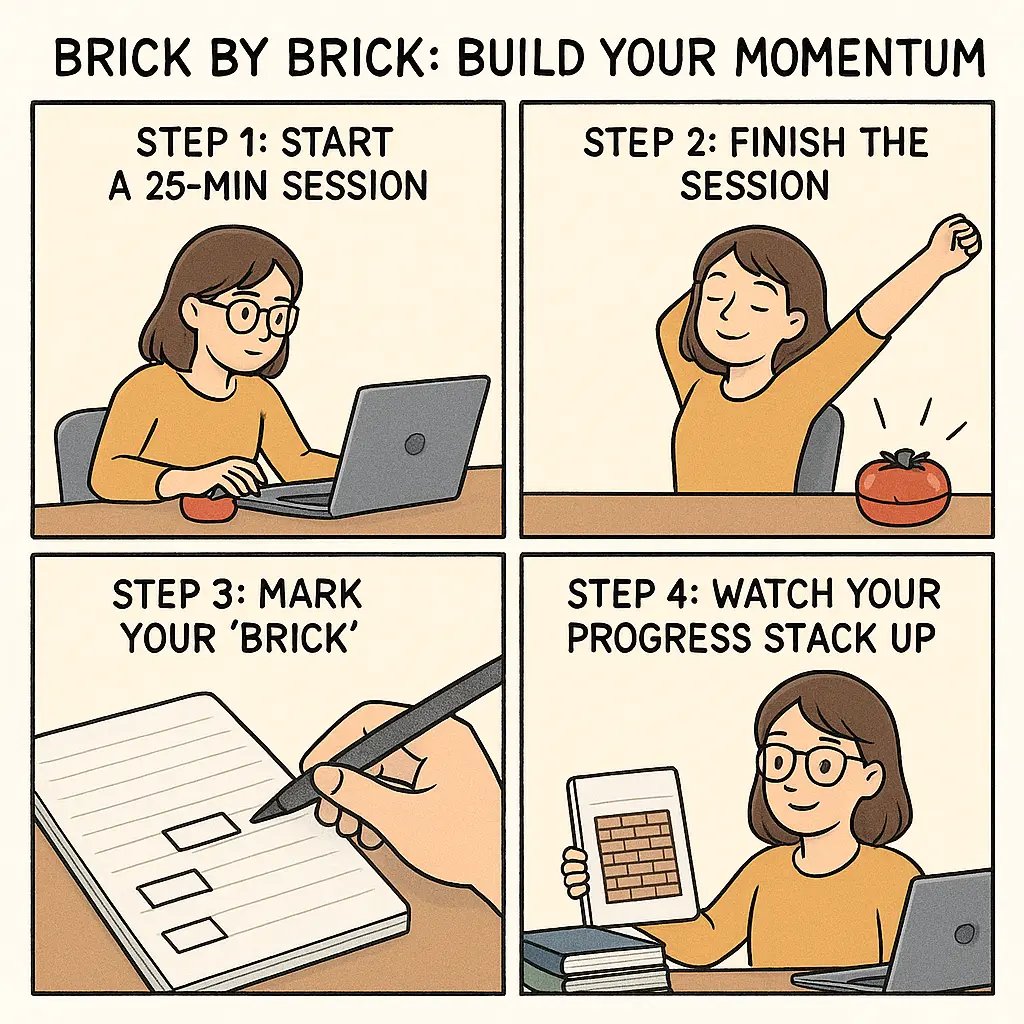 A four-panel comic showing a student tracking study progress by marking completed Pomodoro sessions as bricks, building a visual wall of achievement