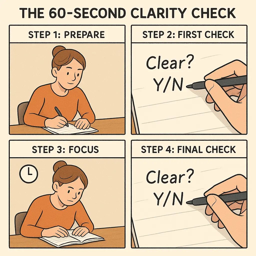 Four-panel illustration showing a student performing clarity checks at her desk, tracking mental focus during a study session