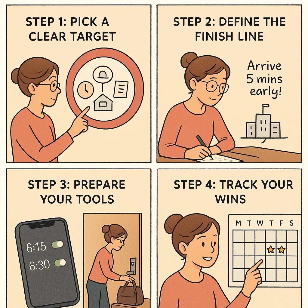 Four-panel comic showing a woman achieving daily goals through clear target setting, planning, preparation, and success tracking with gold stars