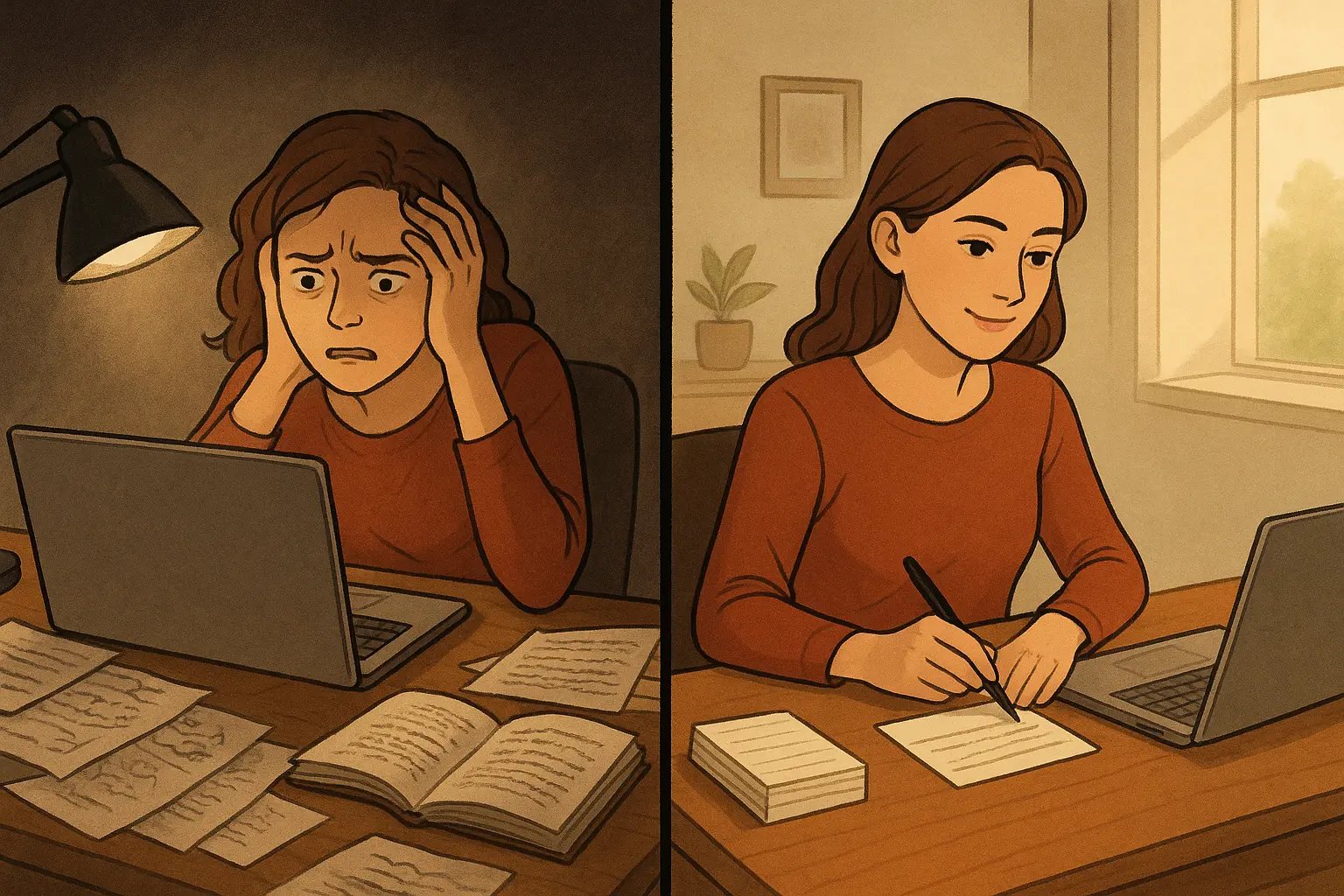 A student transforms from overwhelmed at a cluttered desk to calm and focused with organised notes, illustrating clarity in academic writing.