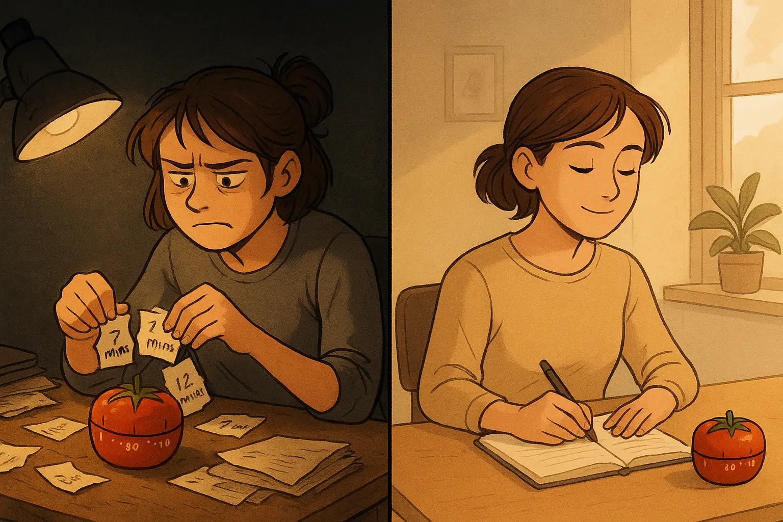 Split panel showing a student's transformation from frantically taping time scraps to calm, organised focus during a complete Pomodoro study session