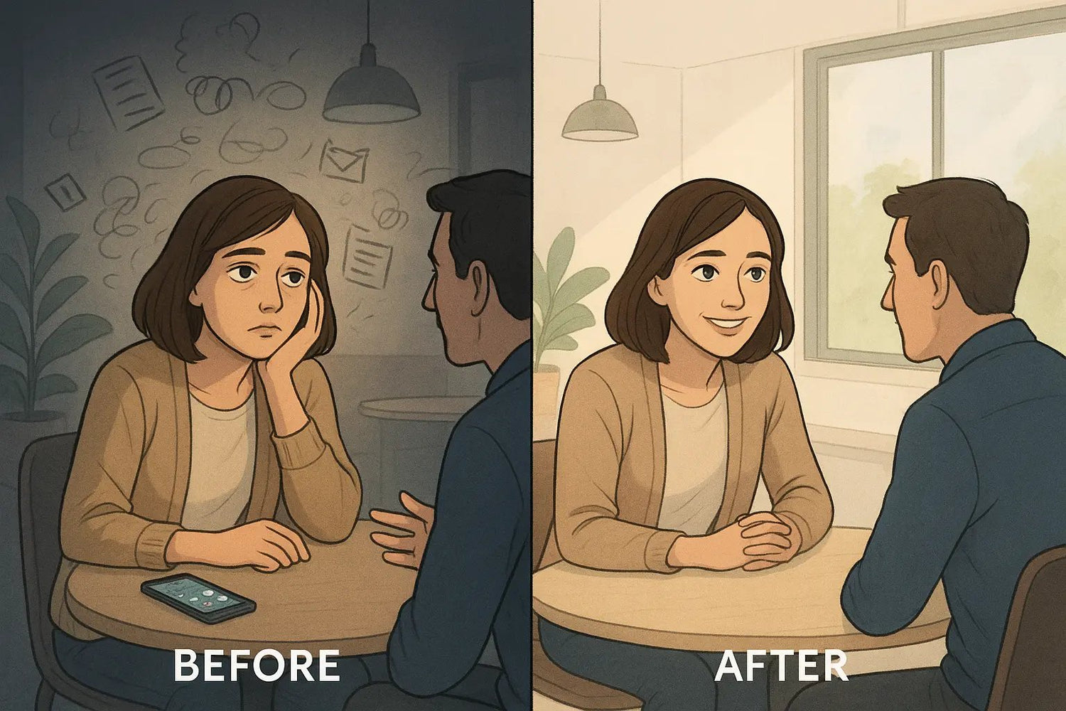 Woman's transformation from distracted to fully engaged in conversation with colleague at modern office table