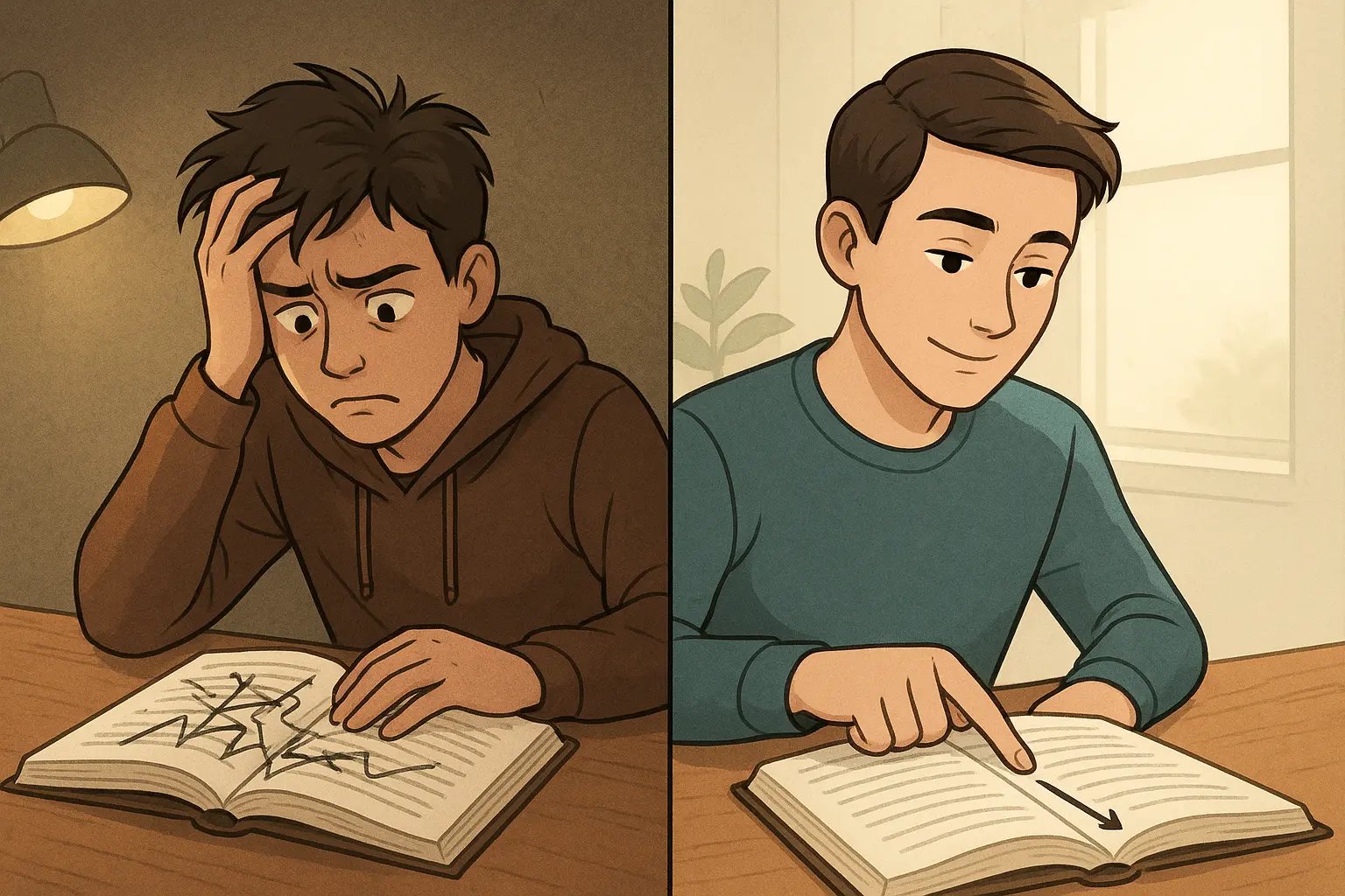 Student using finger as reading guide, showing calm focused expression whilst smoothly tracking text in a book